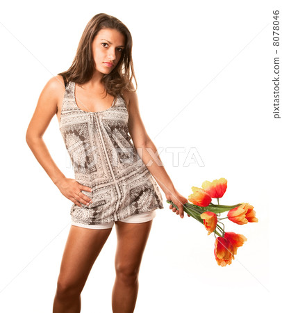 Pretty young Hispanic woman with plastic flowers 8078046