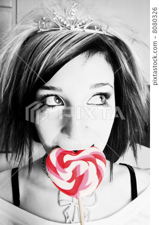 Black and White Alternative Girl with a Red Heart Lollipop 8080326