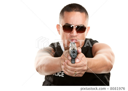 Hispanic Cop Aiming Pistol 8081976