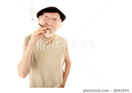 Senior man in beret with cigarette 8082644