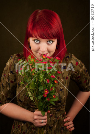 Punky Girl with Red Hair and Flowers Punky Girl with Red Hair and Flowers 8083719