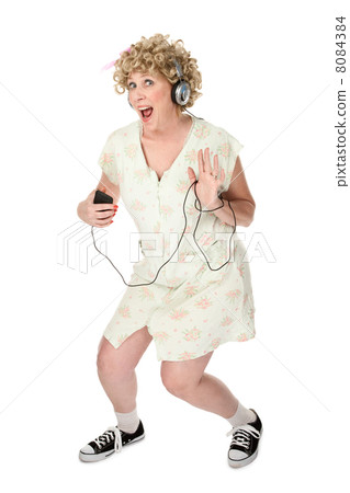 Funny woman waving with music player Funny woman waving with music player 8084384