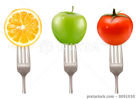 Lemon, tomato and apple on forks Concept of diet. Vector illustr Lemon, tomato and apple on forks Concept of diet. Vector illustr 8091030