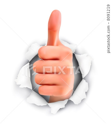 Hand with thumb up through a hole in ripped paper. Vector Hand with thumb up through a hole in ripped paper. Vector 8091219
