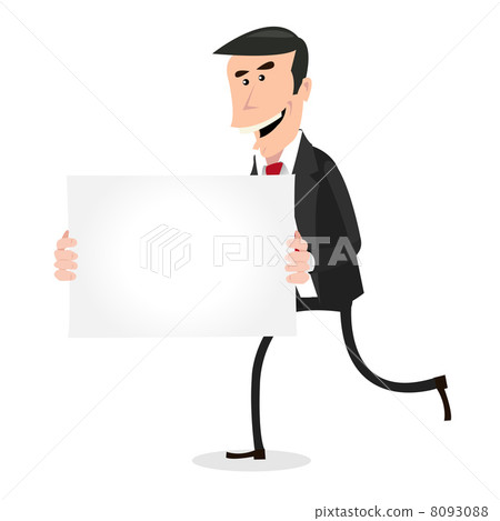 Cartoon White Businessman Running with Blank Sign 8093088