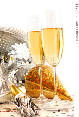 Champagne glass with gold party hats 8097611