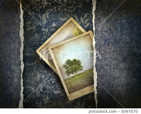 Grungy denim with photos on faded background Grungy denim with photos on faded background 8097870