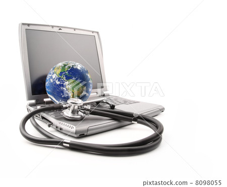 Stethoscope on laptop keyboard with earth on white Stethoscope on laptop keyboard with earth on white 8098055