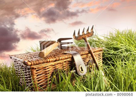 Wicker backet with garden tools in grass Wicker backet with garden tools in grass 8098068