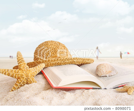 Straw hat , book and seashells in the sand Straw hat , book and seashells in the sand 8098071