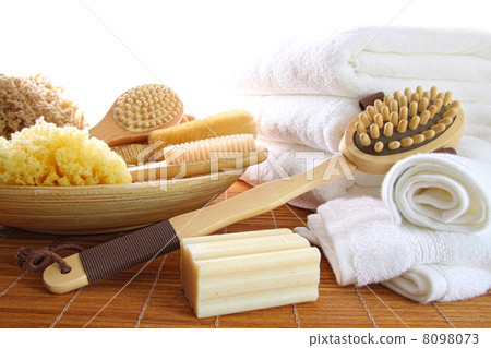 Spa still life of assorted bath brushes and sponges, soap towels Spa still life of assorted bath brushes and sponges, soap towels 8098073