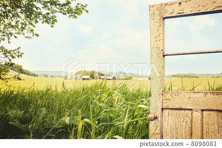 Old peeling door with rural landscape Old peeling door with rural landscape 8098081
