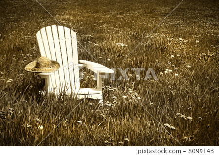 White chair with straw hat in a field 8099143