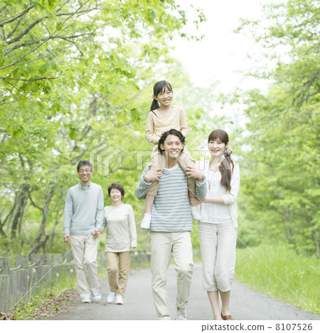 Three generation family walking in fresh green 8107526