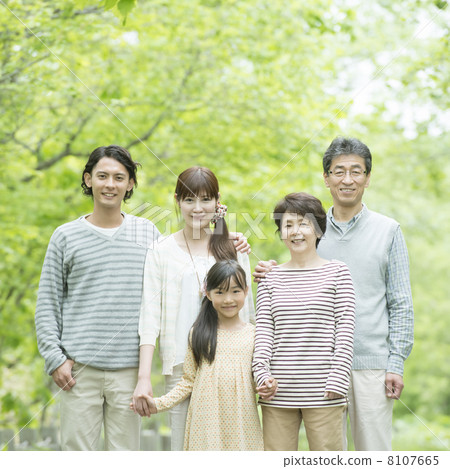 Three generations family smiling in fresh green 8107665