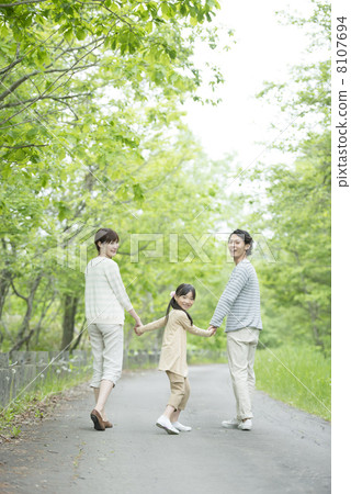Family turning around in fresh green 8107694