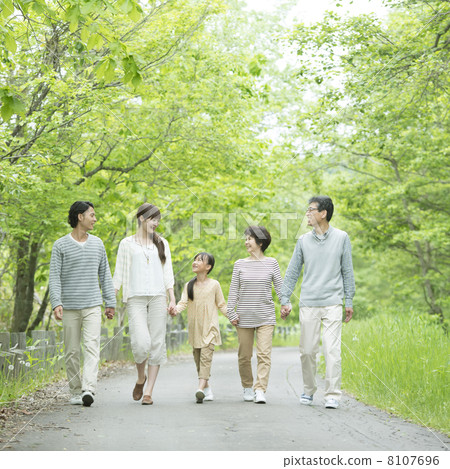 Three generations families holding hands in fresh green 8107696