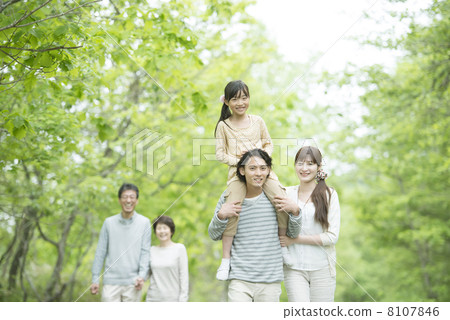 Three generation family walking in fresh green 8107846