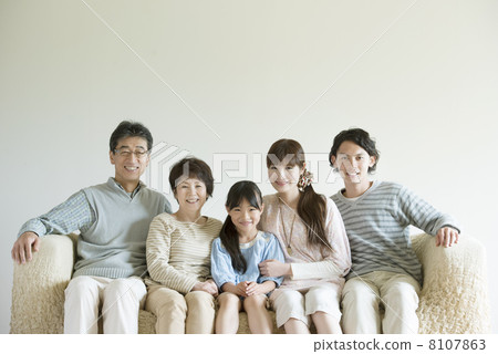 Three generations families sitting on the sofa and smiling 8107863