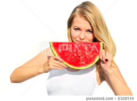 Young Woman eating big slice Watermelon Berry Organic Food concept isolated on white background 8108534