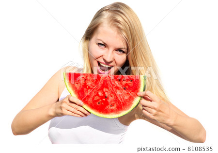 Young Woman eating big slice Watermelon BerryOrganic Food concept isolated on white background 8108535