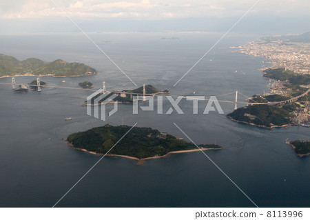 Aerial view of Shimanami Kaichi Kurushima Kaikyo Bridge 8113996