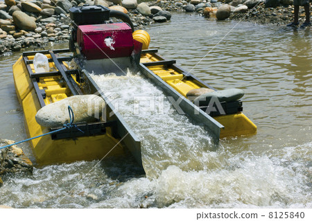 Suction dredge mining alluvial gold on an Amazonian riverbank in Ecuador 8125840