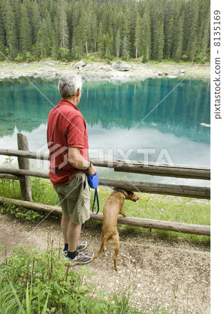 man and dog by blue lake 8135169
