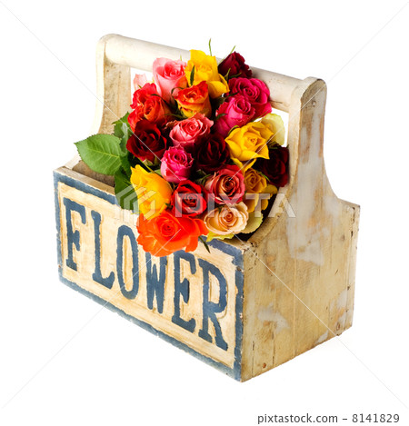 Wooden crate colorful roses 8141829