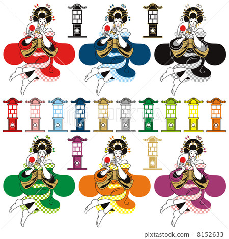 日本式例證削減了例證（花和燈籠）紅色藍綠色綠色橙色紫色6種顏色樣式 8152633