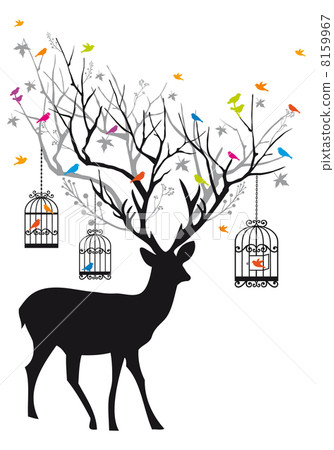 Deer with birds and birdcages, vector illustration 8159967