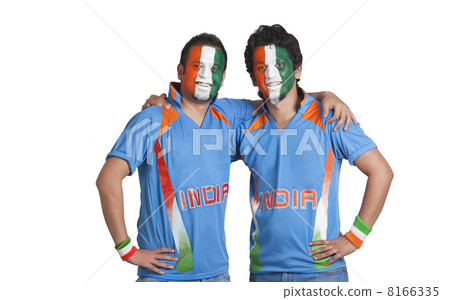 Male cricket supporters with face painted in tricolor standing together arm around over white background 8166335