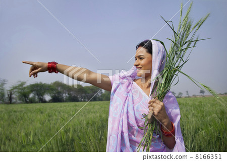 Happy Indian female farm worker pointing at something while standing in the field Happy Indian female farm worker pointing at something while standing in the field 8166351