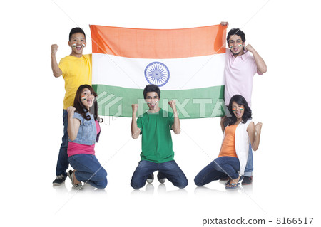 Portrait of young friends with Indian flag cheering together over background 8166517
