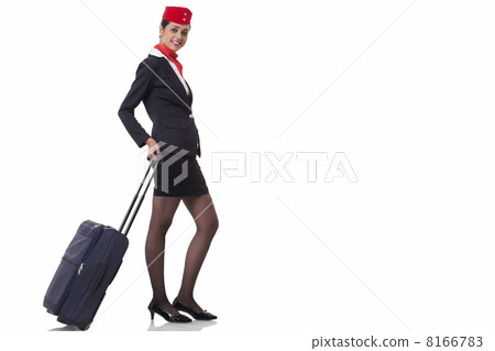 Portrait of a flight attendant with luggage bag isolated over white background Portrait of a flight attendant with luggage bag isolated over white background 8166783