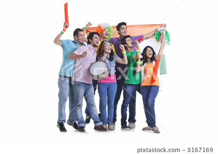 Full length of excited young friends looking away while cheering with Indian flag over white background Full length of excited young friends looking away while cheering with Indian flag over white background 8167169