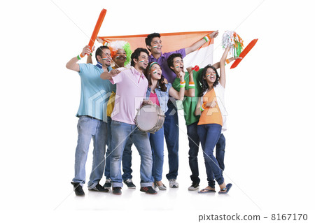 Full length of happy young friends looking away while cheering with Indian flag over white background Full length of happy young friends looking away while cheering with Indian flag over white background 8167170