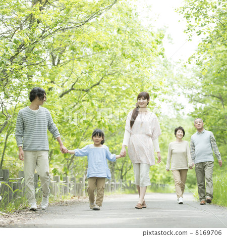Three generations families holding hands in fresh green 8169706