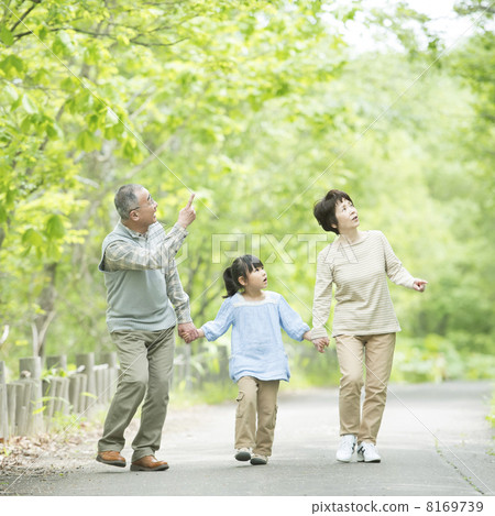 Grandparents and grandchildren holding hands in fresh green 8169739