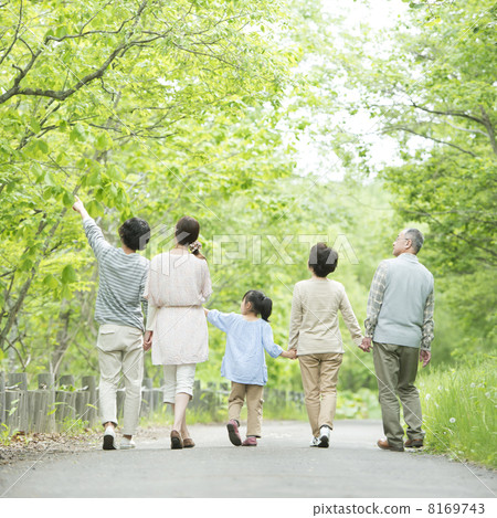 The back of the 3 generations family holding hands in fresh green 8169743