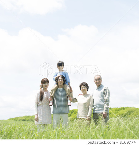 Three generations family smiling at the grassland 8169774