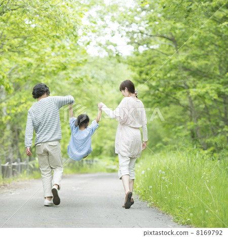 The back of the family holding hands in the fresh green 8169792