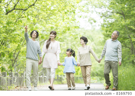 Three generations families holding hands in fresh green 8169793