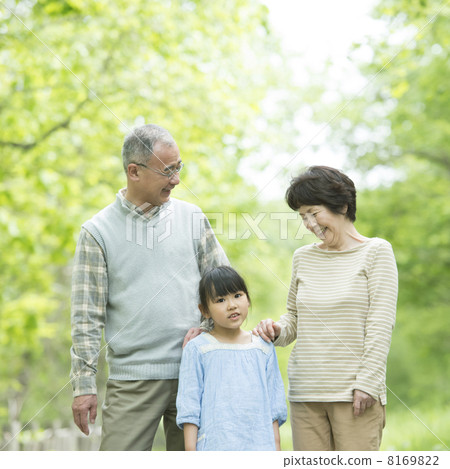 Grandparents and grandchildren smiling in fresh green 8169822
