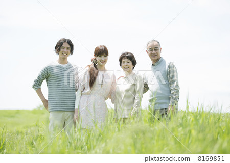 A family smiling at the grassland A family smiling at the grassland 8169851