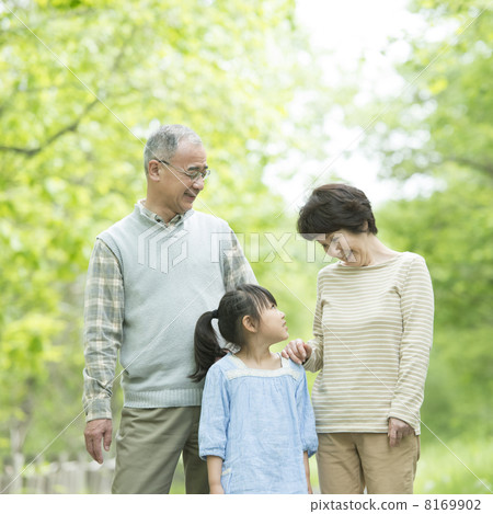 Grandparents and grandchildren smiling in fresh green 8169902
