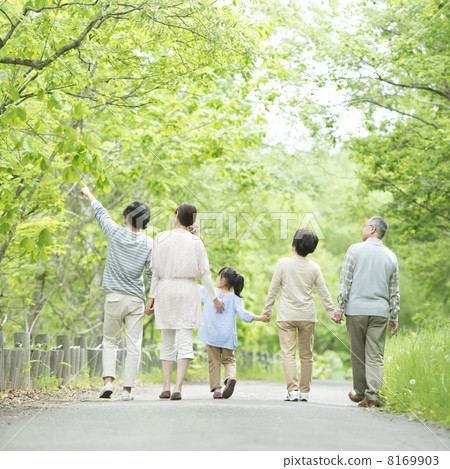 The back of the 3 generations family holding hands in fresh green 8169903