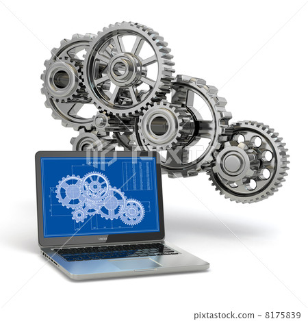 Computer-design engineering. Laptop, gear and draft. Computer-design engineering. Laptop, gear and draft. 8175839