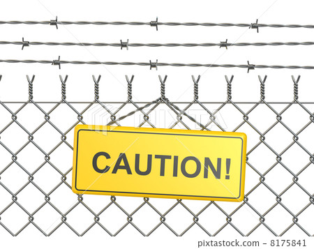 Caution. barbed wire fence with sign. Caution. barbed wire fence with sign. 8175841