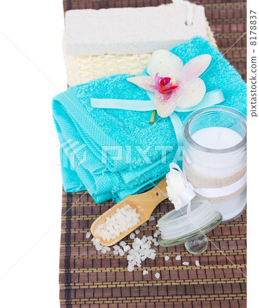 blue towels and bath accessories 8178837